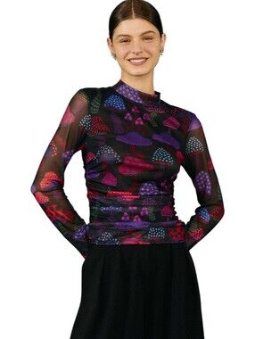 FARM Rio Neon Mushrooms Tulle Blouse Size Small Ruched Bodice Long Sleeves